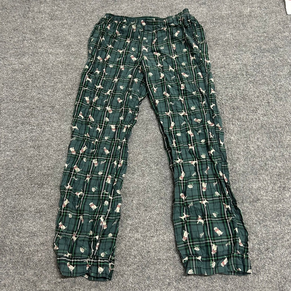 Victoria's Secret PINK Pajama Pants Womens Size M Green Plaid Dog Logo Cotton